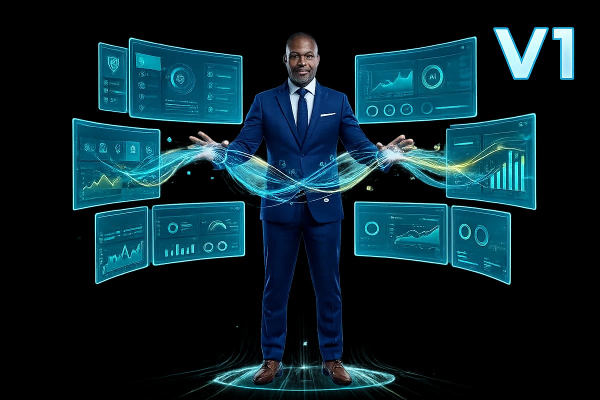 Enterprise executive orchestrating AI usage and cost governance across holographic dashboards