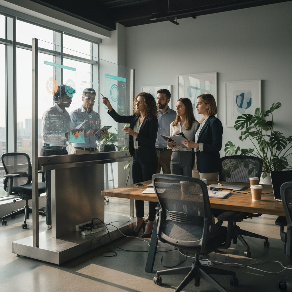 A group of diverse marketing and operations leaders collaborating around an interactive AI dashboard in a modern, open-concept office space with controlled natural light.