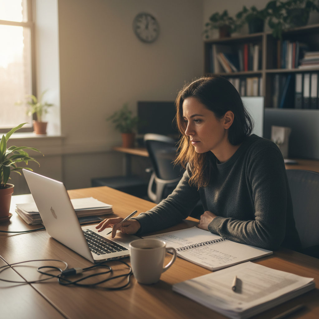 A realistic editorial photo of a professional working late in a quiet office, symbolizing the transition from market noise to operational clarity in enterprise AI adoption.