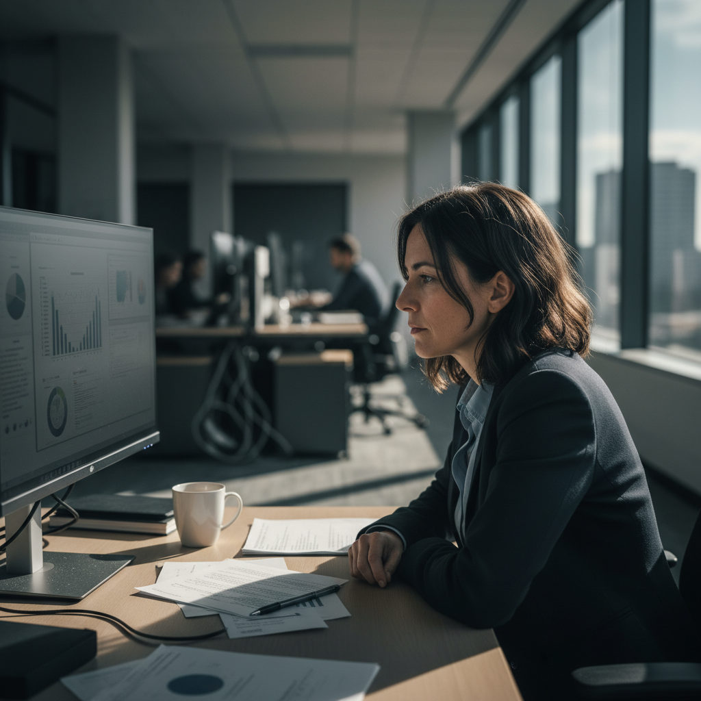 A realistic late-day office scene showing a professional reviewing operational data, capturing the operational implications of AI adoption.