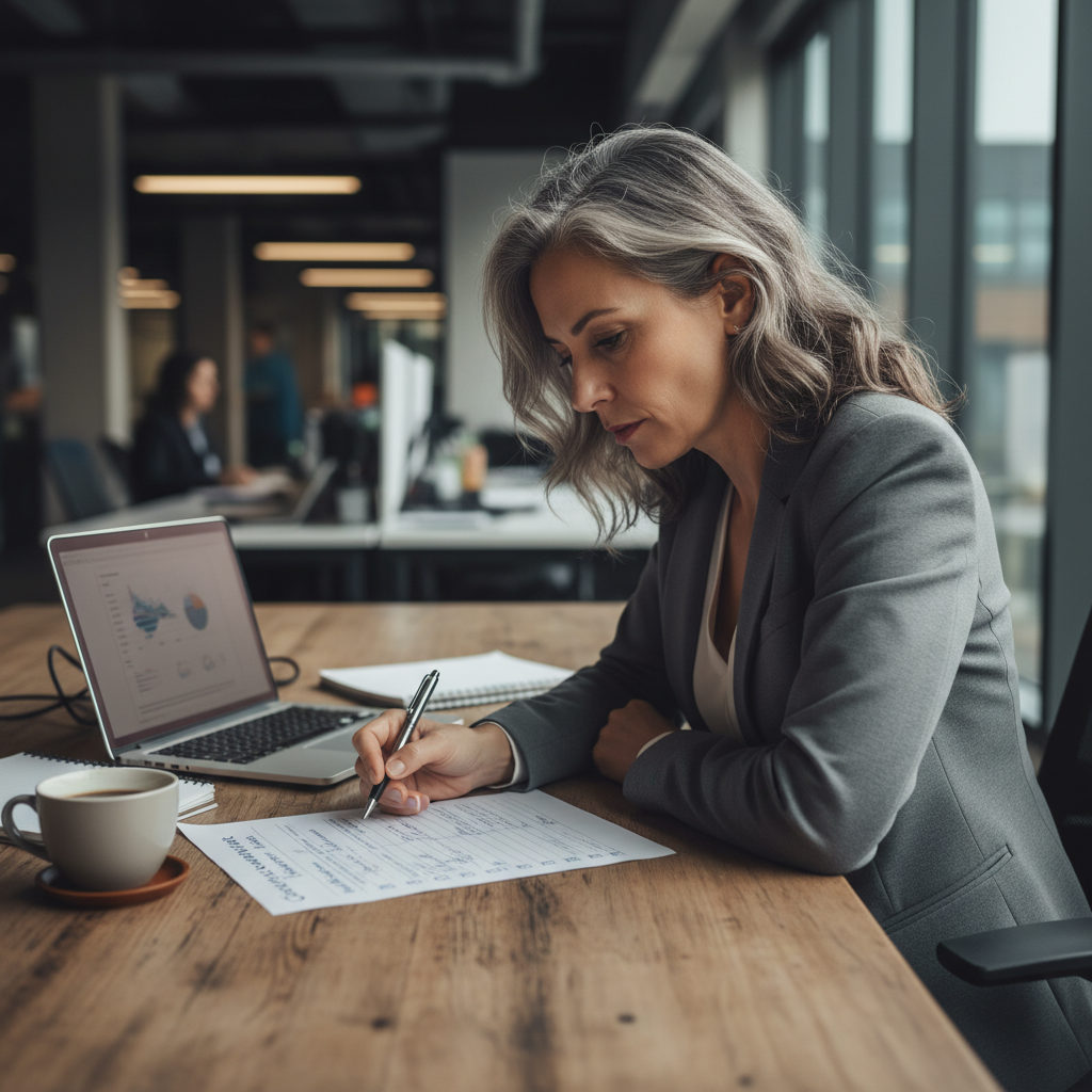 A senior enterprise leader reviewing a physical governance checklist in a modern office setting, illustrating the practical implementation of AI control layers.