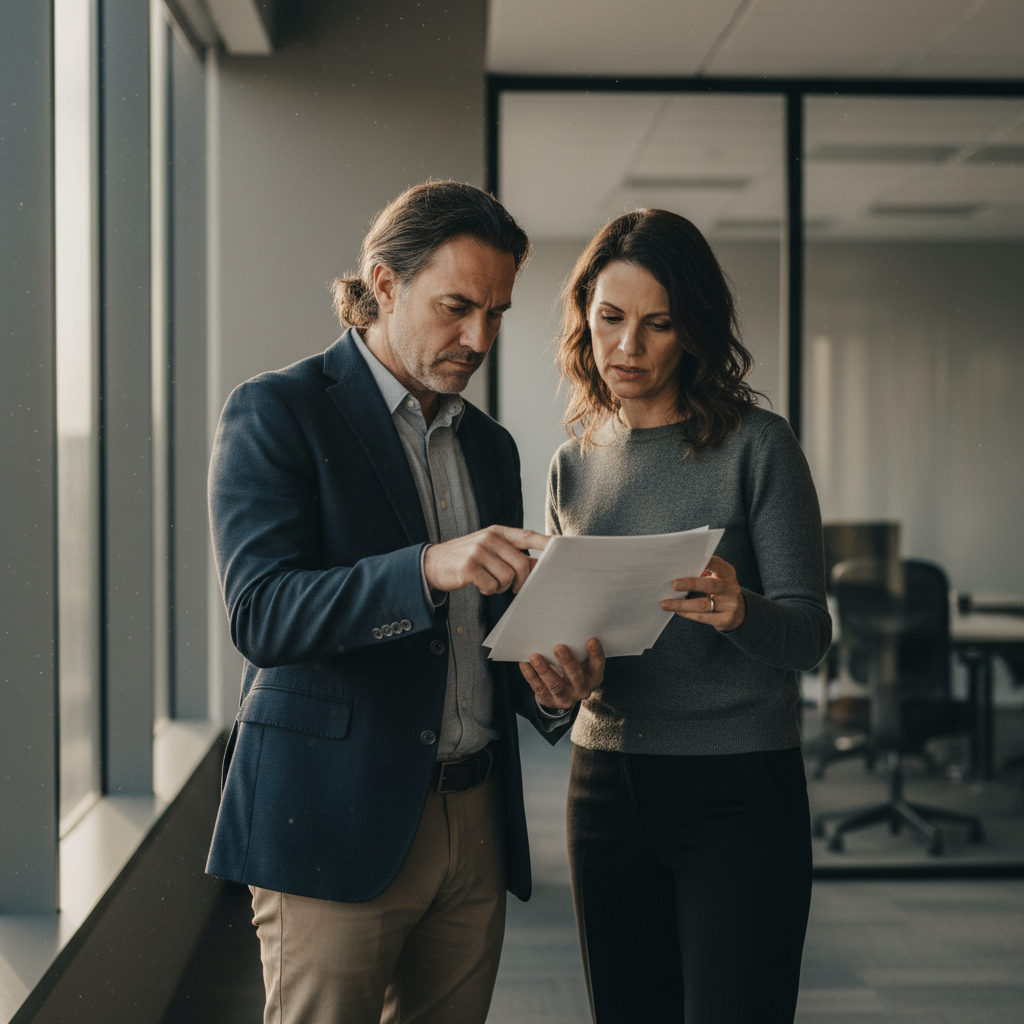 Two enterprise leaders discussing operational strategy in a realistic office setting, illustrating the practical implications of AI governance.