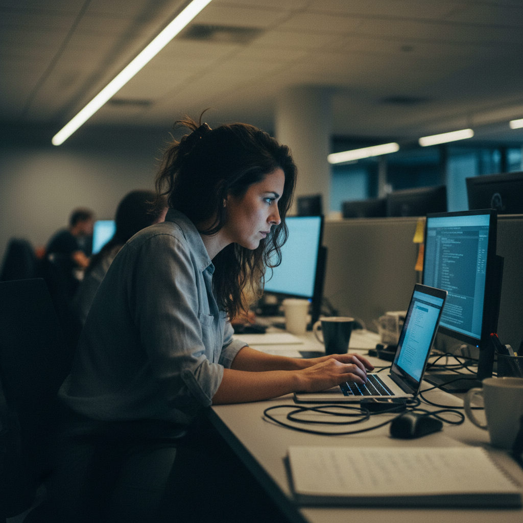 A realistic editorial photo showing a security professional working at a laptop in a modern office, illustrating the human aspect of managing AI security risks.