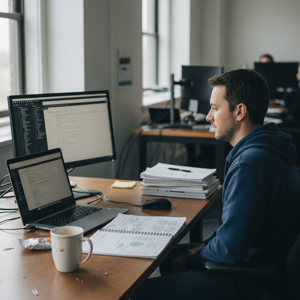 A realistic editorial photograph of an enterprise workspace, capturing the operational reality of engineering teams working on complex AI systems. The scene is candid, with natural lighting and subtle imperfections, avoiding any glossy or staged aesthetics.