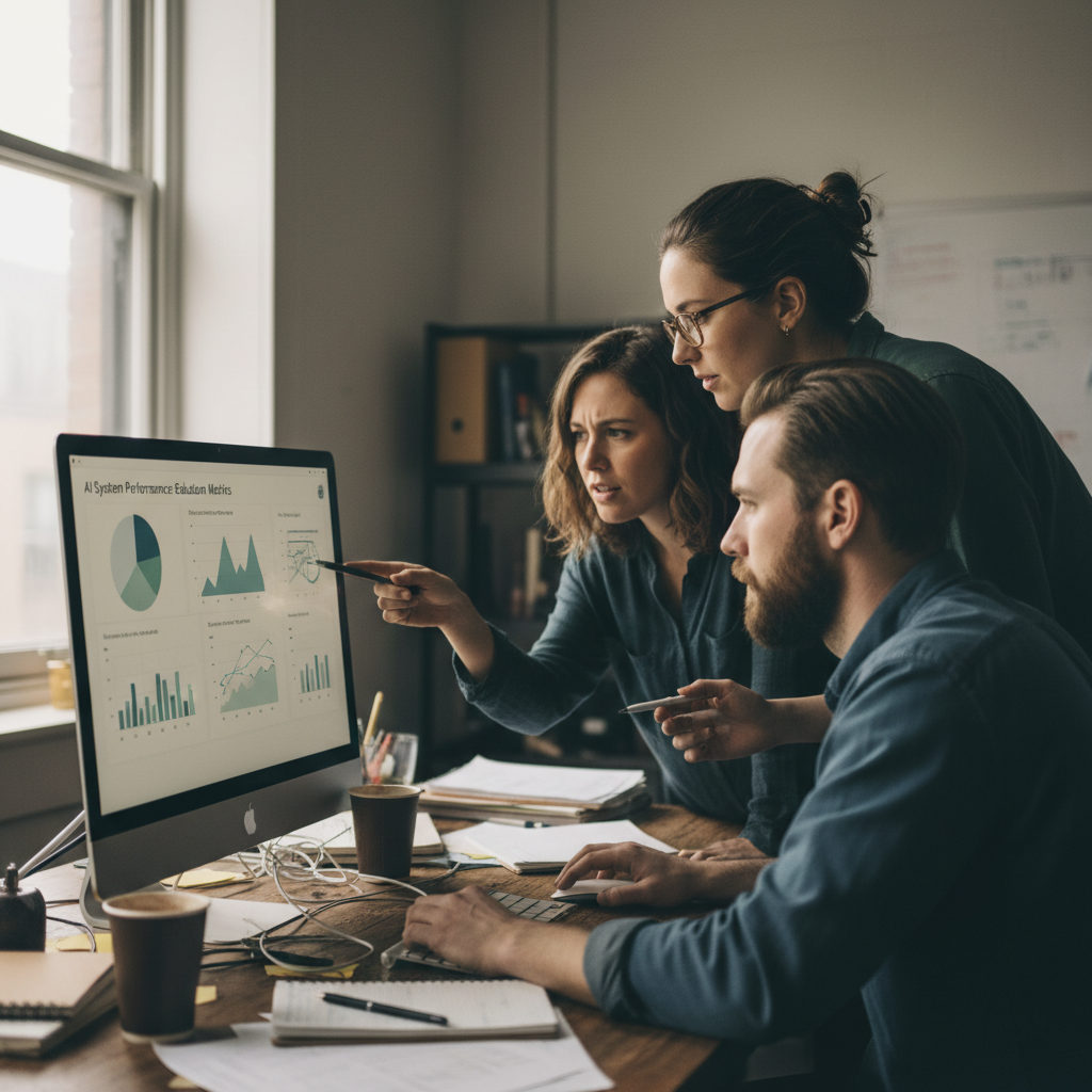 A candid photograph of a product team reviewing AI performance data in a realistic office setting, highlighting the operational reality of building trustworthy AI products.