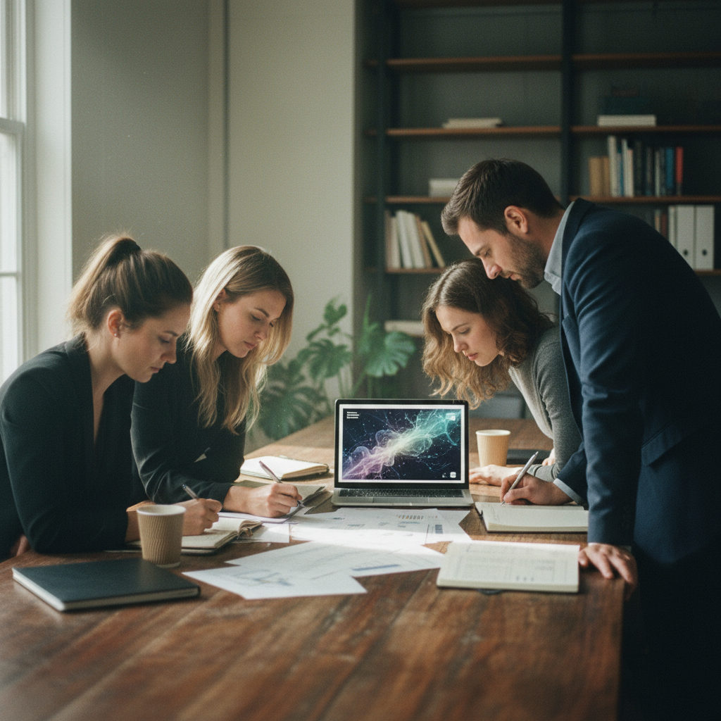 Enterprise operations team reviewing documents in a realistic office setting, illustrating the practical application of AI governance frameworks.