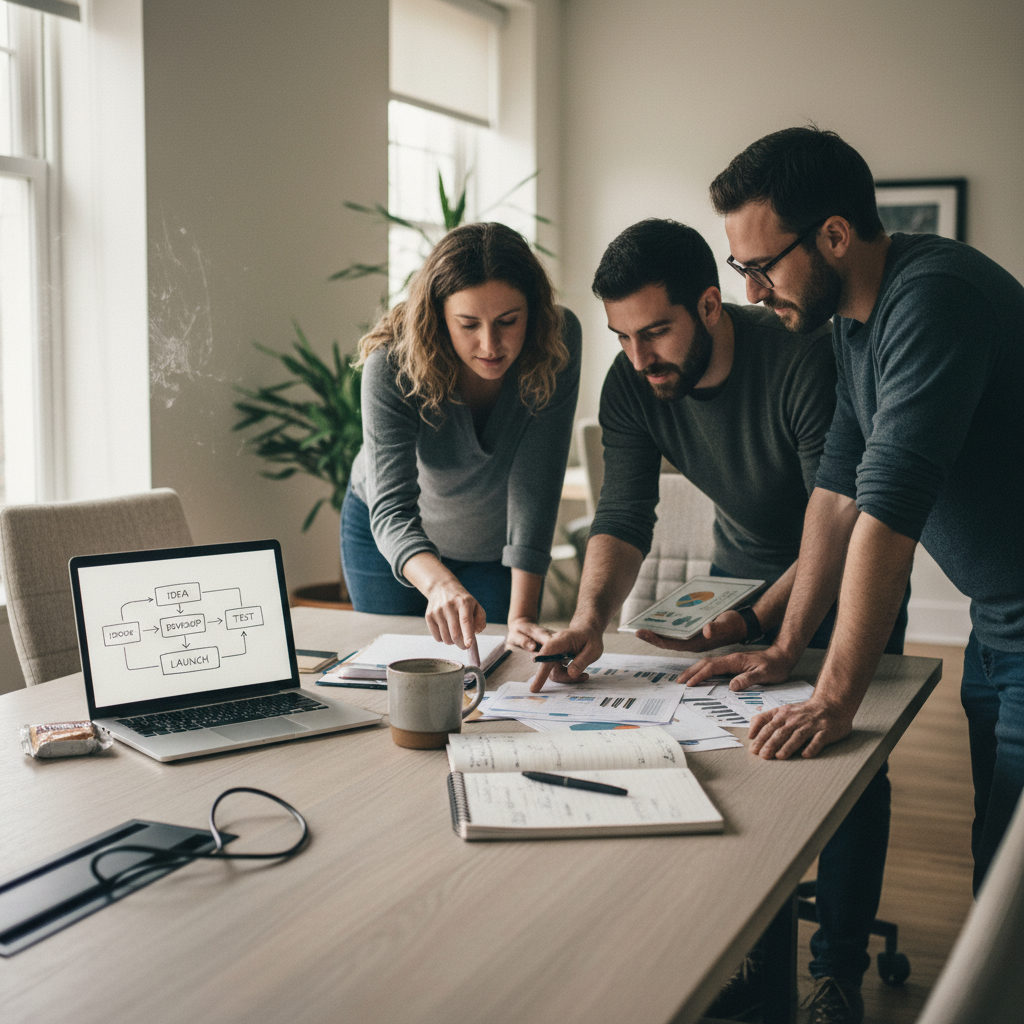 A realistic editorial photograph of a product team working in a modern enterprise workspace, reviewing documents and data on a desk.