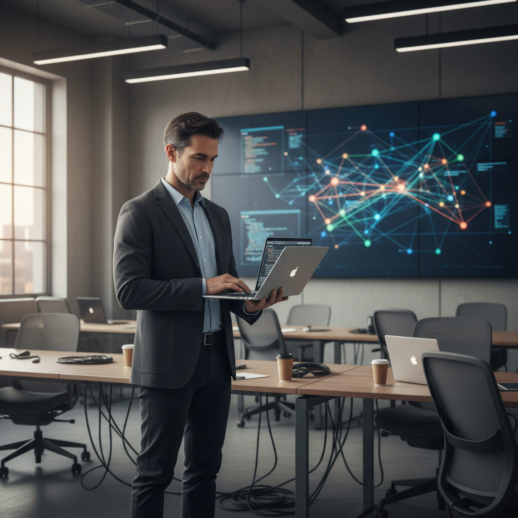 A security professional reviewing data flow diagrams in an enterprise operations center, illustrating the practical implementation of data protection in AI workflows.