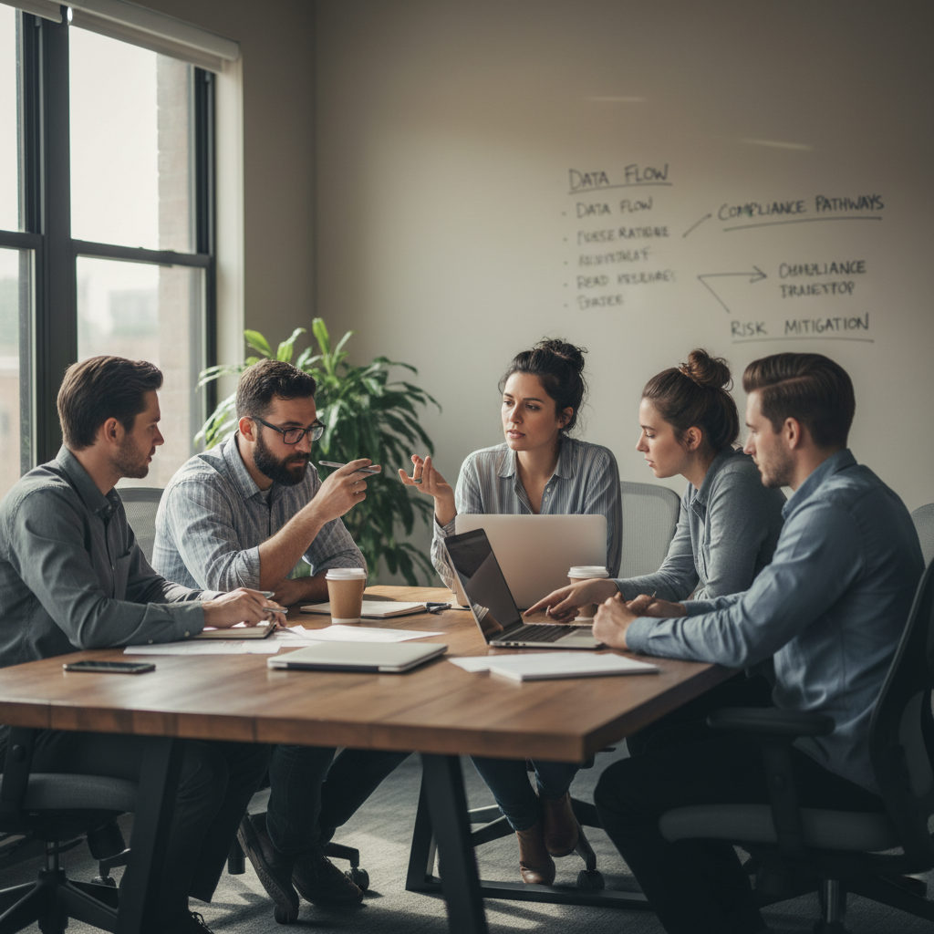 A realistic editorial photo of enterprise professionals discussing operational frameworks in a modern office, capturing the essence of governance and collaboration without digital overlays or branded elements.