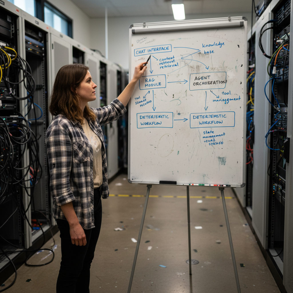 A solution architect reviewing LLM architecture patterns on a whiteboard in an enterprise server room, capturing the operational reality of AI deployment.