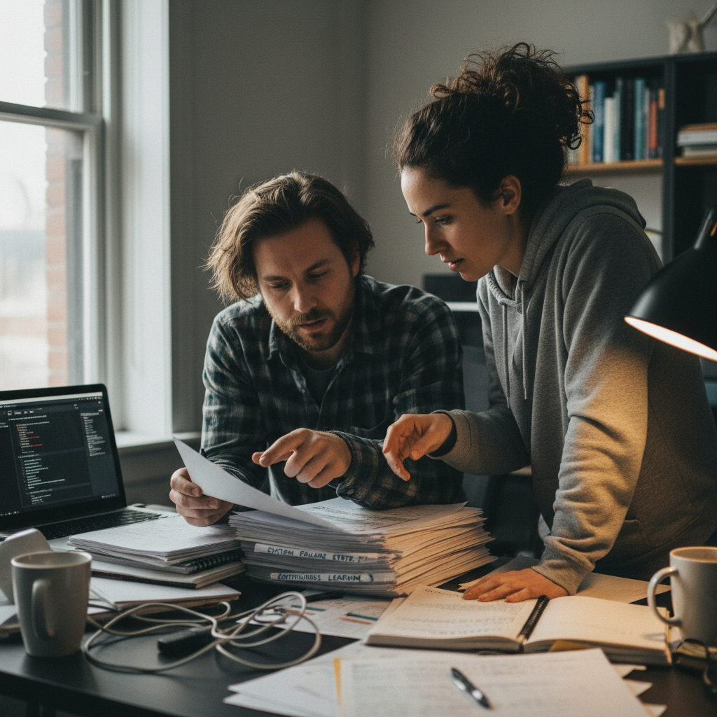 A documentary-style photo showing two professionals reviewing printed AI logs in a realistic office setting, illustrating the distinction between prompt engineering and enterprise AI strategy.