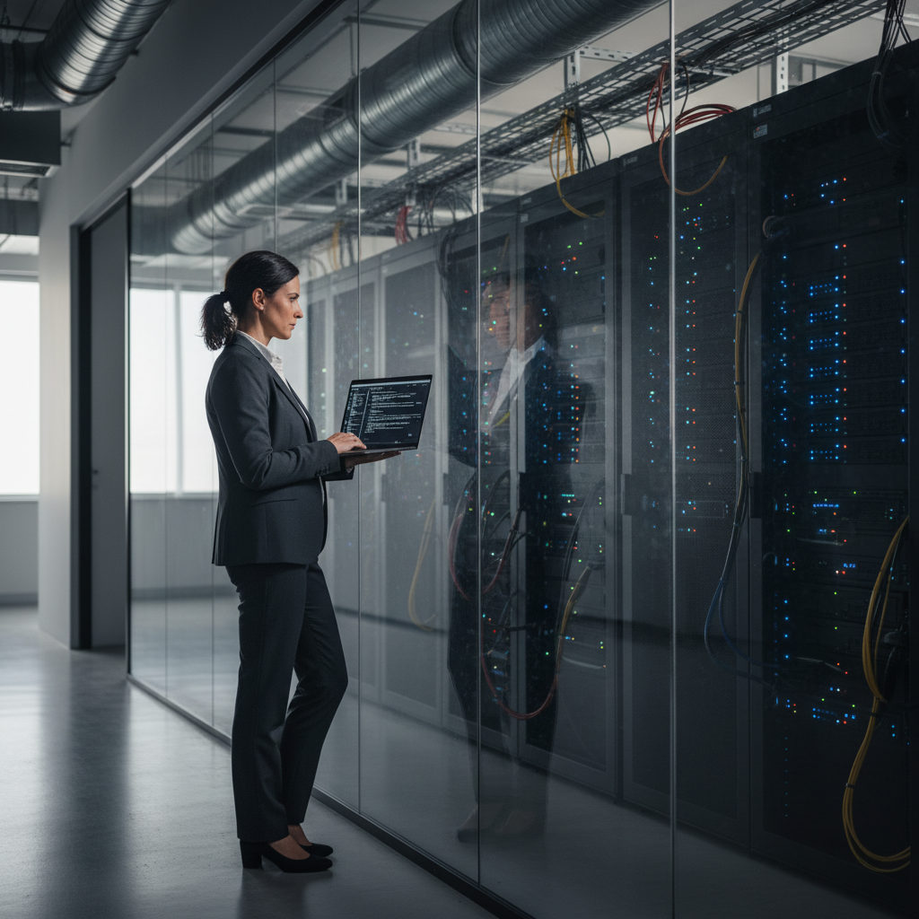 A security leader stands in a modern enterprise security operations center, observing server racks and a terminal interface, illustrating the distinction between AI security and traditional cybersecurity.