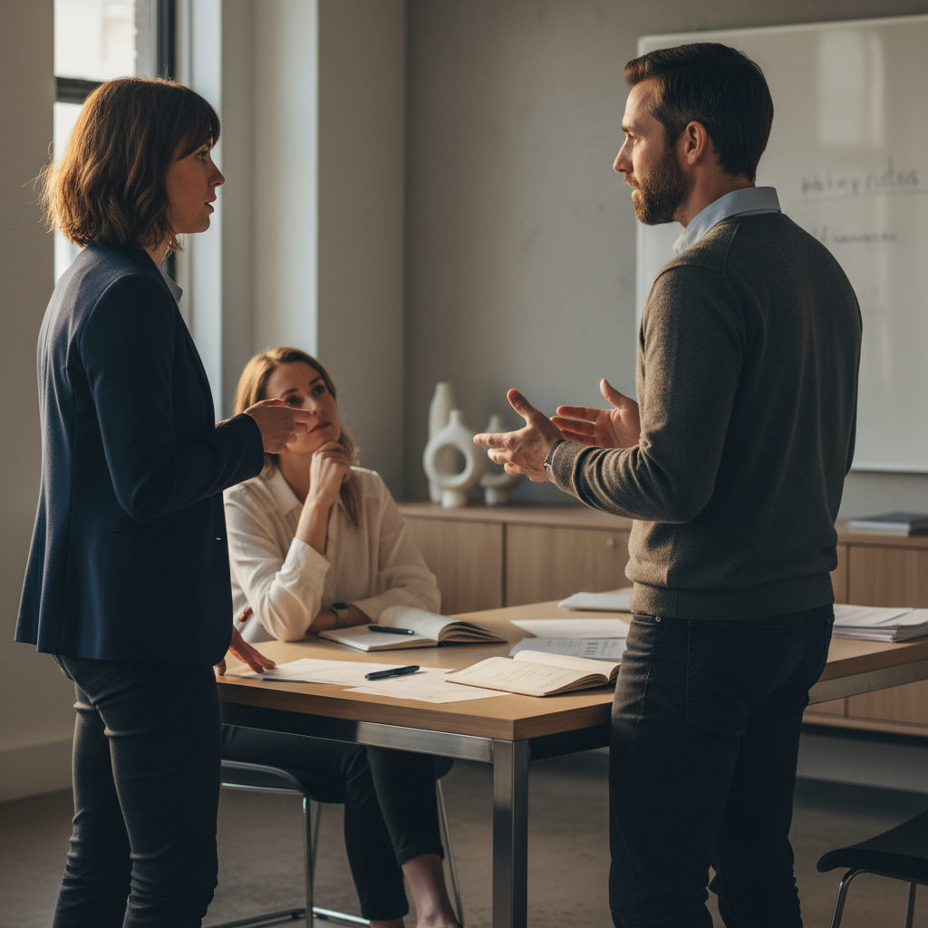 Three enterprise leaders discussing AI governance in a modern office setting, illustrating collaborative ownership.