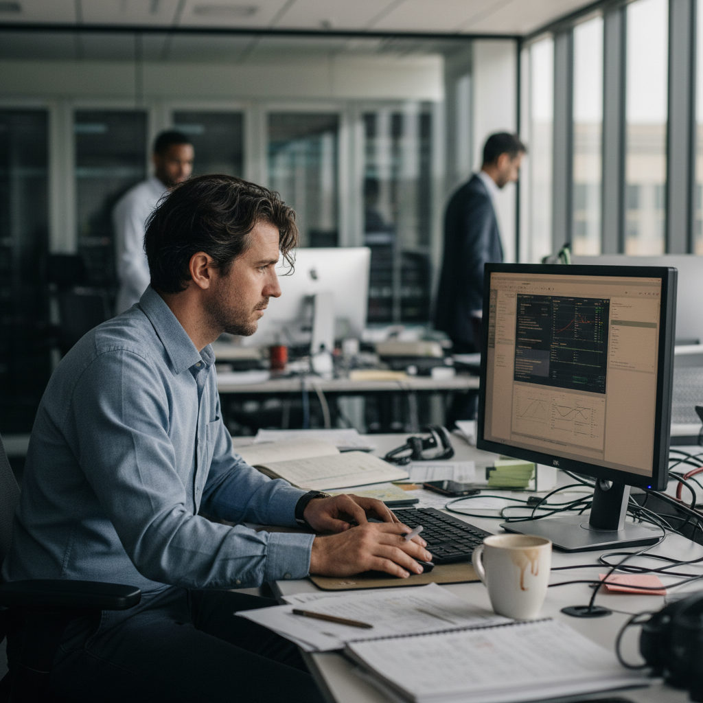 A realistic editorial photo of a security professional working in an enterprise environment, illustrating the practical context of prompt injection risks in AI operations.