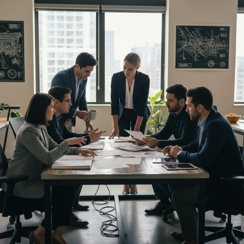 A documentary-style photograph of a modern enterprise workspace, showing a diverse team of enterprise leaders reviewing documents and discussing governance frameworks.