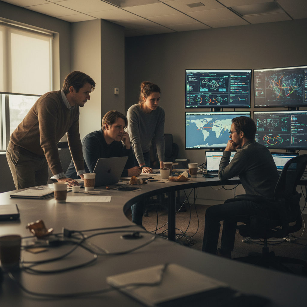 A documentary-style photo of a modern enterprise operations room showing a team reviewing operational dashboards in a neutral office environment, with realistic lighting and textures.