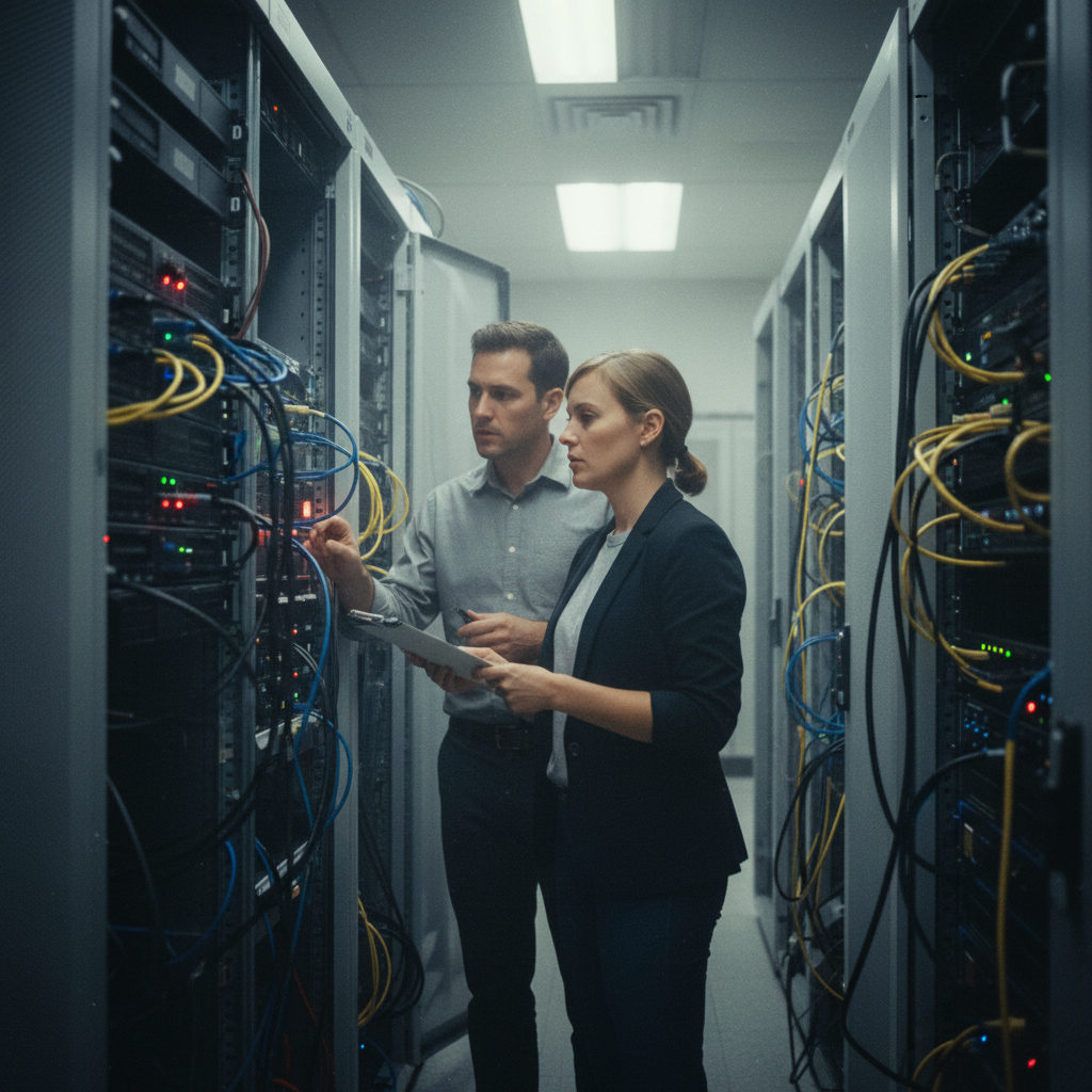 Engineering team in a realistic server room environment, illustrating the transition from AI demo to production system.